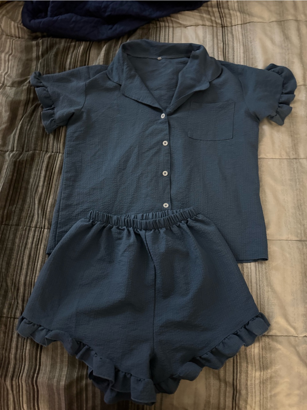 Navy Pajama Set - Short Sleeve Top & Ruffle Shorts